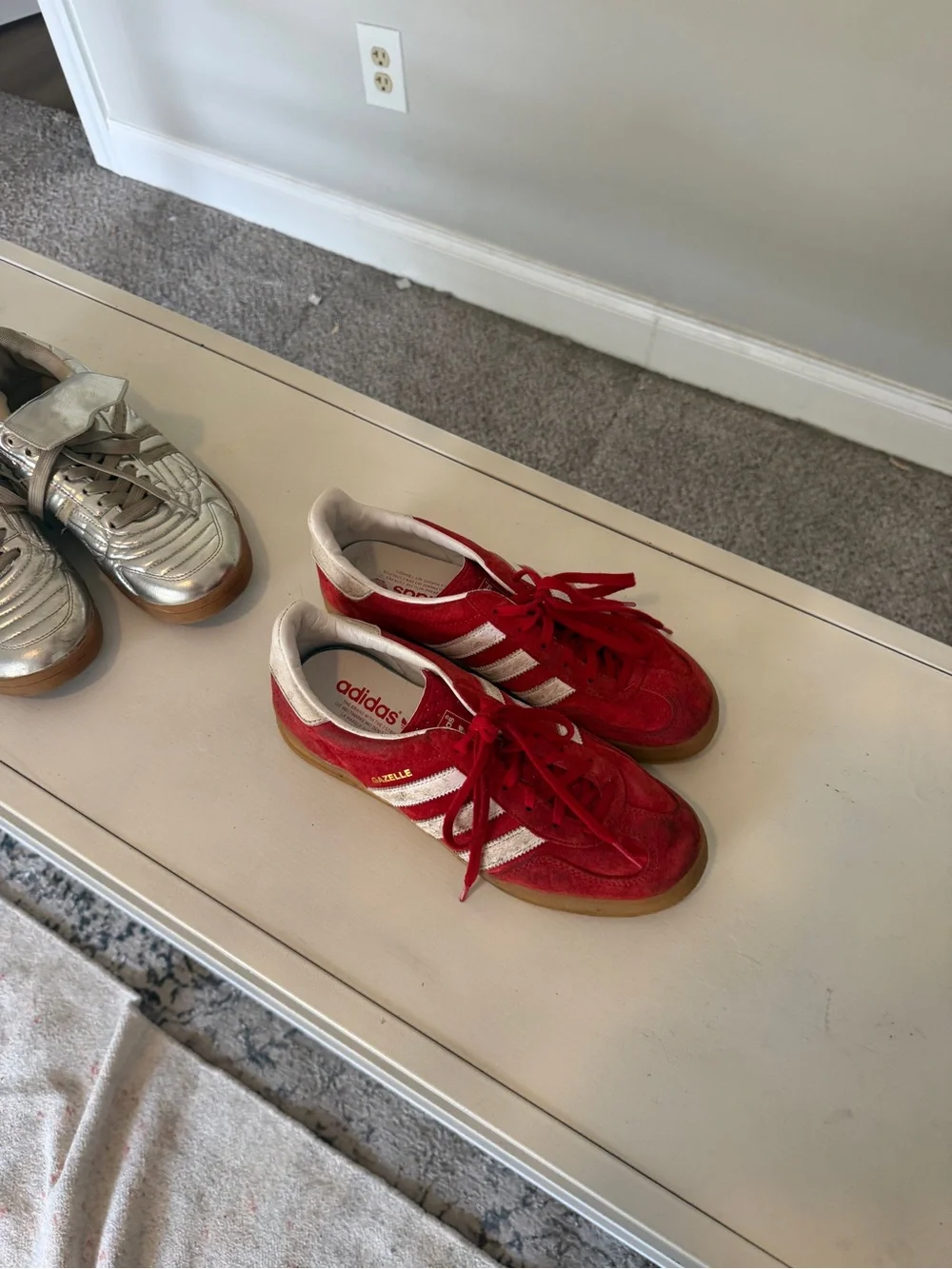 adidas Red Suede Sneakers with White Stripes